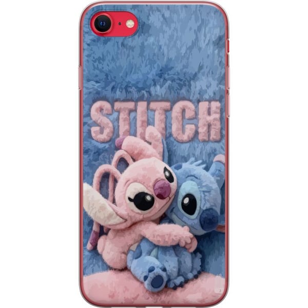 Kompatibelt Mobilskal till Apple iPhone SE (2020) Fluffiga Stitch och Angel kramas på mjukt pälsigt underlag med pastellfärger som skapar varm gosig