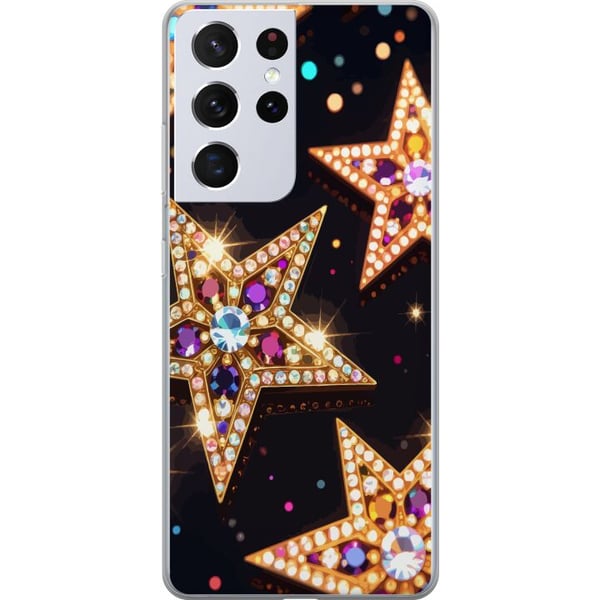 Kompatibelt Mobildeksel til Samsung Galaxy S21 Ultra 5G Gyldne glitterstjerner med krystaller og festlig lyseffekt på mørk bakgrunn, et elegant motiv