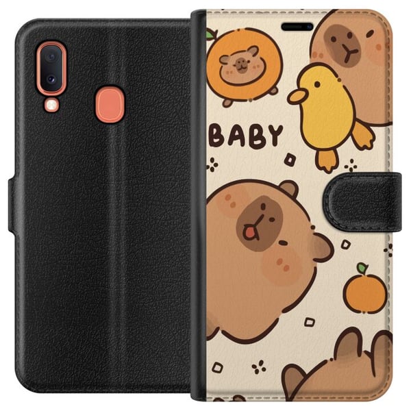 Kompatibelt Plånboksfodral till Samsung Galaxy A20e Kawaii Capybara illustration – Söt tecknad design med ankor och apelsiner
