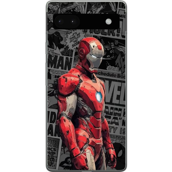 Yhteensopiva Puhelinkuori Google Pixel 6a Iron Man -kuvitus punaisessa haarniskassa sarjakuvataustalla, vaikuttava aihe elokuvafaneille