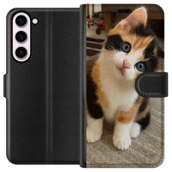 Yhteensopiva Lompakkokotelo Samsung Galaxy S23+ Kolmivärinen kissanpentu sinisillä silmillä, suloinen sisäympäristö ja hurmaava ilme, täydellinen kai