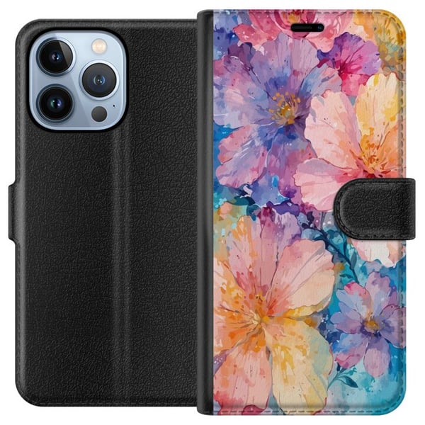 Yhteensopiva Lompakkokotelo Apple iPhone 13 Pro Akvellimaalaus, jossa on suuria kukkia vaaleanpunaisen, sinisen ja keltaisen sävyissä pehmeässä, tait