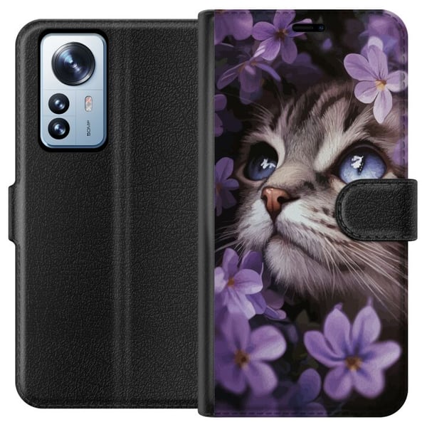 Yhteensopiva Lompakkokotelo Xiaomi 12 Pro Kissa ja kukat Yhteensopiva Lompakkokotelo Xiaomi 12 Pro Kissa ja kukat