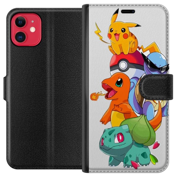 Kompatibelt Plånboksfodral till Apple iPhone 11 Pokémon Pikachu Charmander Squirtle Bulbasaur – färgglad Pokémon stack illustration med fyra populära