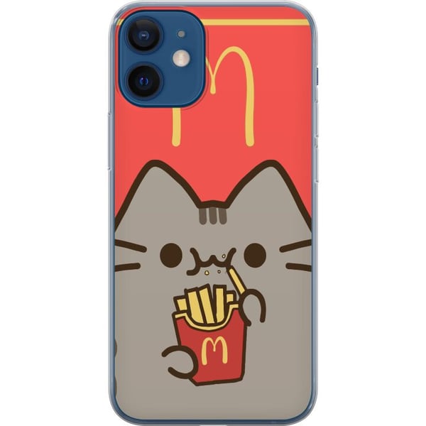 Kompatibelt Mobilskal till Apple iPhone 12 mini Söt Pusheen-liknande katt med pommes frites i McDonald’s stil – humoristiskt och charmigt motiv.