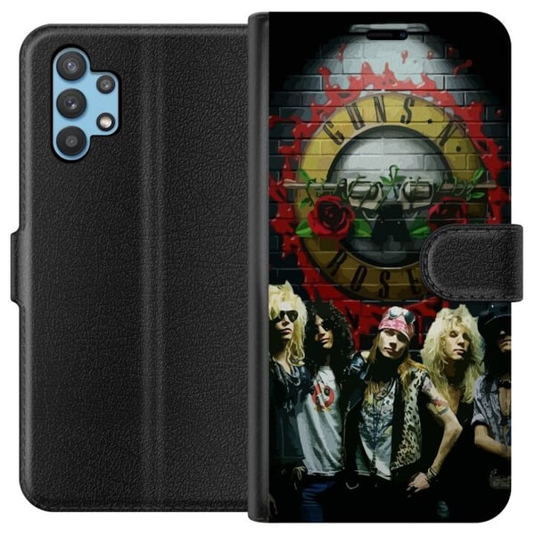 Kompatibelt Plånboksfodral till Samsung Galaxy A32 5G Guns N Roses band framför loggan klassiskt rockmotiv med äkta 80talskänsla