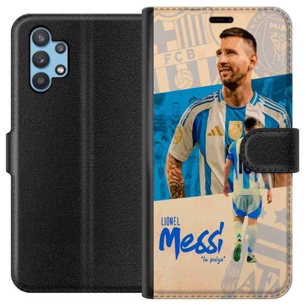 Kompatibelt Plånboksfodral till Samsung Galaxy A32 5G Lionel Messi porträtt i Argentina tröja ikonisk design för fotbollsfans med passion och energi