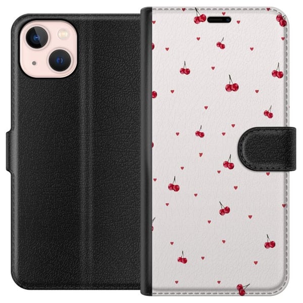 Kompatibelt Plånboksfodral till Apple iPhone 13 Körsbär och hjärtan på vit bakgrund söt romantisk design med minimalistisk känsla och mjuka toner