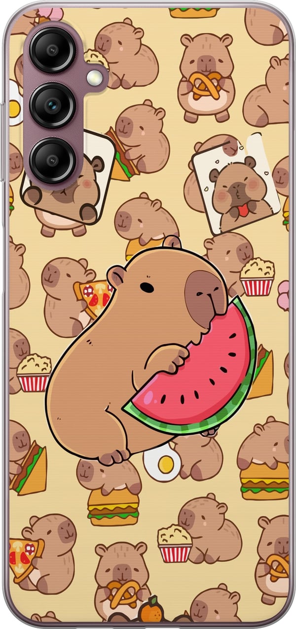 Kompatibelt Mobilskal till Samsung Galaxy A14 5G Capybara Snack Tid Söta capybaror njuter av vattenmelon pizza och popcorn i en varm och lekfull desi