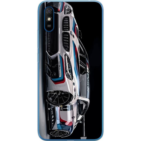 Kompatibel Mobilcover til Xiaomi Redmi 9A BMW M Power-illustration – nærbillede af sportsvogn i hvidt racerløbsdesign