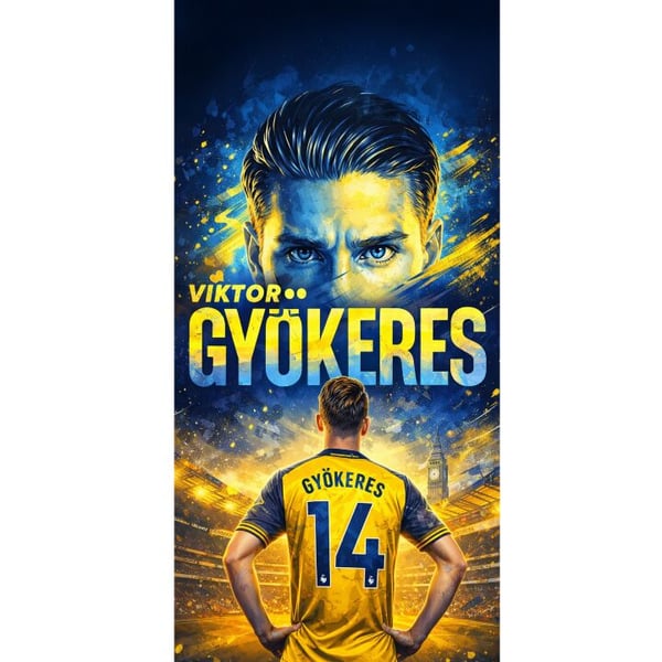 Kompatibel Tegnebogsetui til Apple iPhone 13 Pro Fodboldplakat af Viktor Gyökeres i gul-blå farveskala med dramatisk stadionbaggrund, sportsillustrat