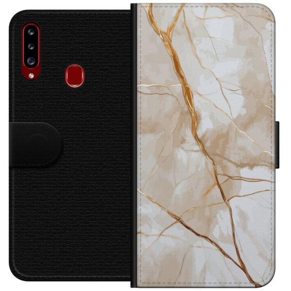 Kompatibelt Plånboksfodral till Samsung Galaxy A20s Vit marmor med guldådror elegant lyxig design perfekt för dig som älskar stil och klass