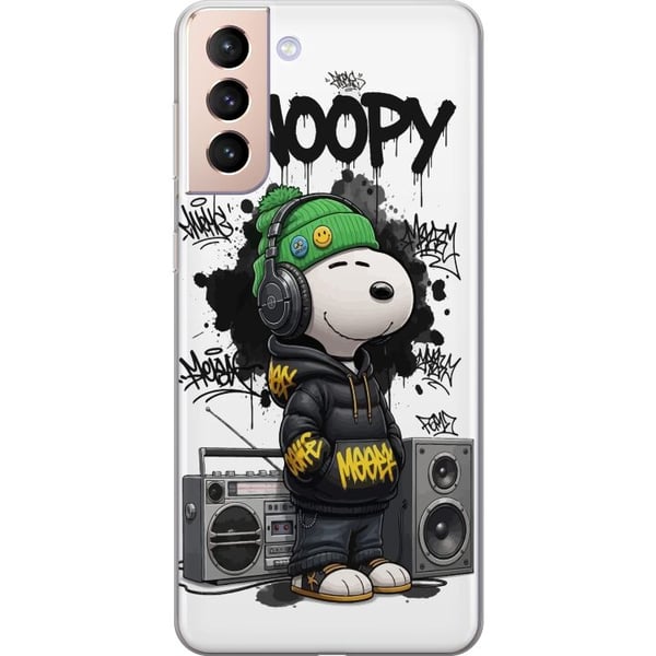 Kompatibelt Mobildeksel til Samsung Galaxy S21 Snoopy i streetwear med hodetelefoner og graffitistil står ved siden av en boombox og smiler bredt, et