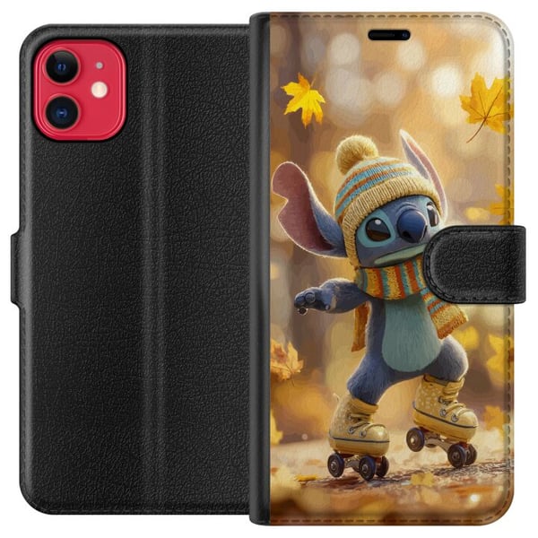 Kompatibelt Plånboksfodral till Apple iPhone 11 Höstinspirerad Stitch på rullskridskor med mössa halsduk och löv varm söt illustration för Disney äls Kompatibelt Plånboksfodral till Apple iPhone 11 Höstinspirerad Stitch på rullskridskor med mössa halsduk och löv varm söt illustration för Disney äls