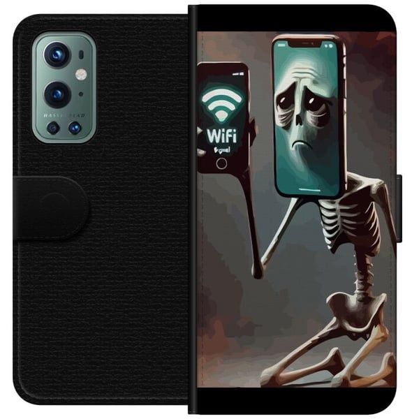 Kompatibelt Lommeboketui til OnePlus 9 Pro Italiensk Brainrot-motiv – Skjelett med mobil og svakt WiFi i unik design
