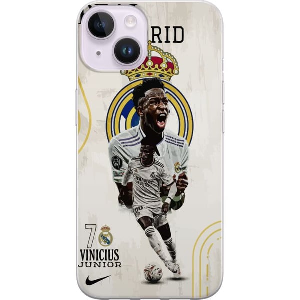 Yhteensopiva Puhelinkuori Apple iPhone 14 Real Madrid Vinícius Júnior hyökkääjä numeron 7 paidassa seuran logo valkoinen peliasu energinen poseeraus Yhteensopiva Puhelinkuori Apple iPhone 14 Real Madrid Vinícius Júnior hyökkääjä numeron 7 paidassa seuran logo valkoinen peliasu energinen poseeraus