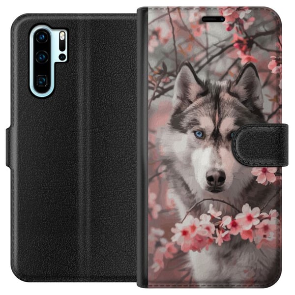 Kompatibel Tegnebogsetui til Huawei P30 Pro Husky med blå øjne blandt lyserøde kirsebærblomster – smukt, naturinspireret og detaljerigt motiv.