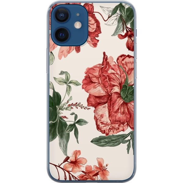 Kompatibelt Mobilskal till Apple iPhone 12 mini Röda blommor botaniskt motiv med gröna blad elegant stil för dig som gillar naturens färger