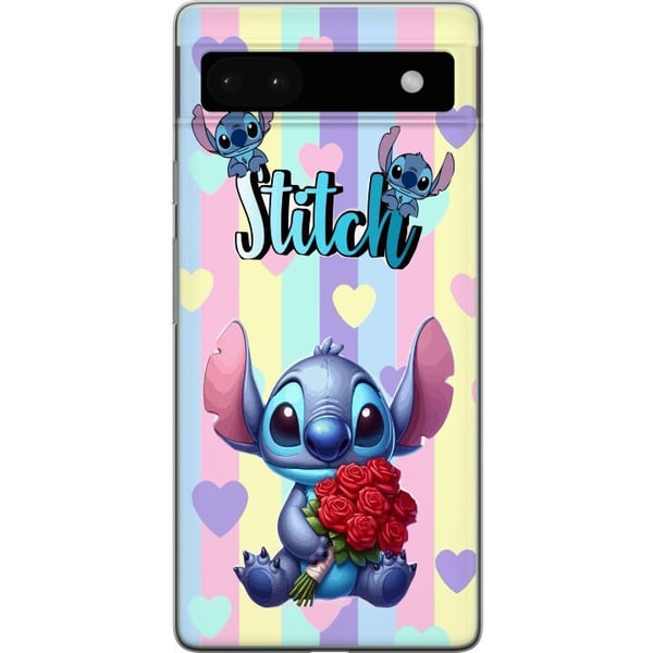 Yhteensopiva Puhelinkuori Google Pixel 6a Stitch ruusujen kanssa romanttisessa piirroskuvatyylissä raidallista taustaa vasten