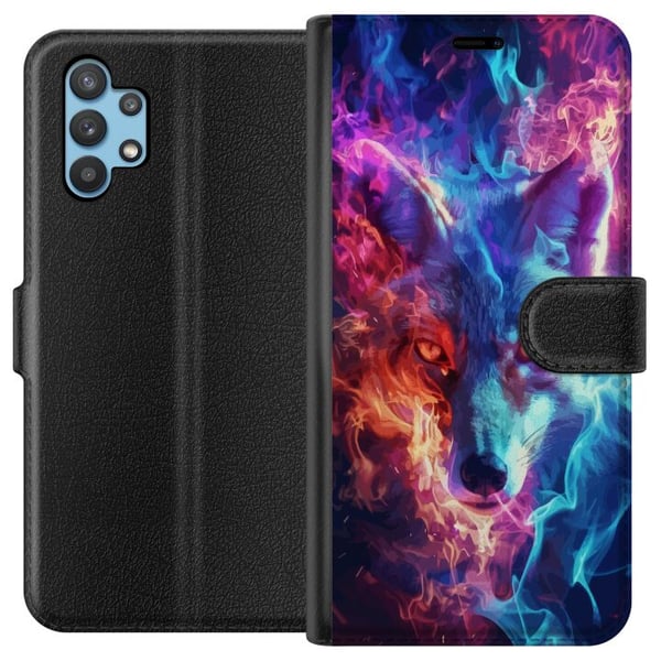 Kompatibelt Plånboksfodral till Samsung Galaxy A32 5G Intensiv varg med blå och orange eld runt ansiktet i kraftfull fantasyillustration Kompatibelt Plånboksfodral till Samsung Galaxy A32 5G Intensiv varg med blå och orange eld runt ansiktet i kraftfull fantasyillustration