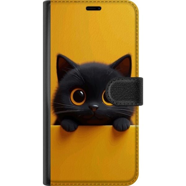 Kompatibelt Plånboksfodral till Samsung Galaxy S9+ Söt svart katt med stora ögon på gul bakgrund – minimalistisk djurillustration med varm färg och m