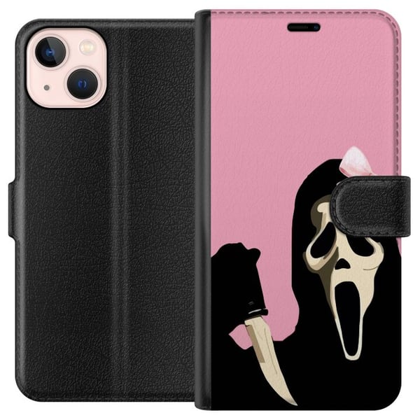 Kompatibelt Plånboksfodral till Apple iPhone 13 mini Pink Ghost Bow med ikonisk mask och rosa rosett humoristisk och trendig halloweenstil