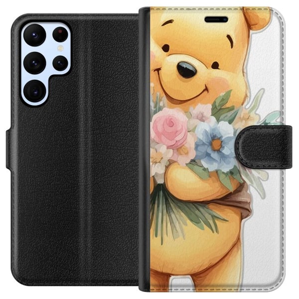 Kompatibel Tegnebogsetui til Samsung Galaxy S22 Ultra 5G Nalle Puh med blomster - klassisk børnefavorit i en blomstrende forårs miljø