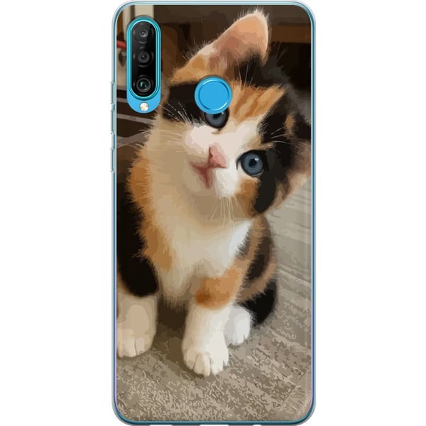 Kompatibelt Mobilskal till Huawei P30 lite Trefärgad kattunge med blå ögon söt inomhusmiljö och charmigt uttryck perfekt för alla som gillar gulliga