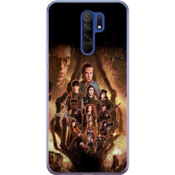 Kompatibelt Mobilskal till Xiaomi Redmi 9 Stranger Things-gruppbild med hjältarna i mörk fantasymiljö och hotfull varelse