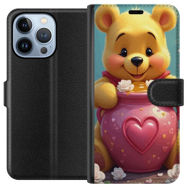 Kompatibel Tegnebogsetui til Apple iPhone 13 Pro Sød gul bjørn inspireret af Peter Plys med hjerteformet lyserødt glas og honning, et varmt og charme