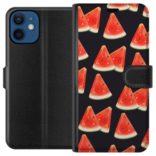 Kompatibel Tegnebogsetui til Apple iPhone 12 mini Vandmelon-sommermønster – frisk vandmelondesign med røde frugtskiver på mørk baggrund