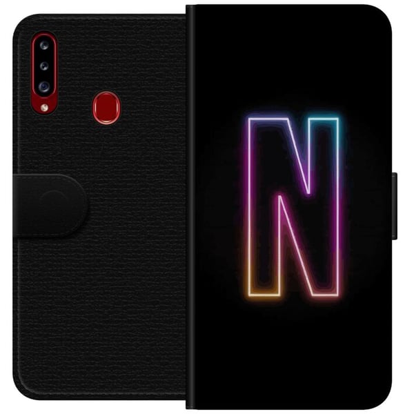 Kompatibelt Plånboksfodral till Samsung Galaxy A20s Minimalistisk neonbokstav N i färgskiftande ljus mot svart bakgrund