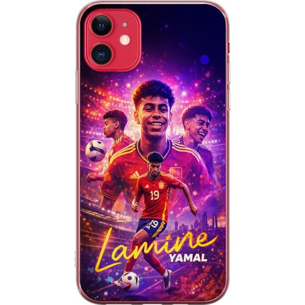 Kompatibelt Mobilskal till Apple iPhone 11 Lamine Yamal fotbollsposter i spansk landslagströja med fartfylld action, färgstark sportillustration för