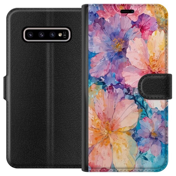 Kompatibelt Plånboksfodral till Samsung Galaxy S10+ Akvarellmålning med stora blommor i rosa blå och gula toner i mjuk konstnärlig stil