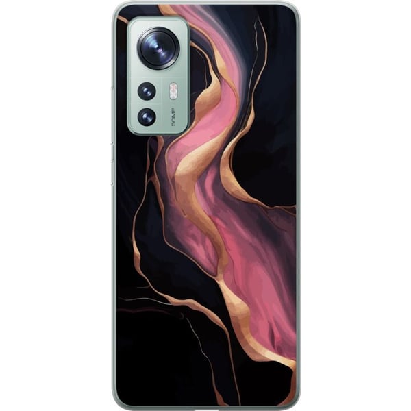 Yhteensopiva Puhelinkuori Xiaomi 12 Abstrakteja mustia aaltoja, joissa on vaaleanpunaisia juovia ja kullanväriset reunat, kuin valuvaa marmoria tumma