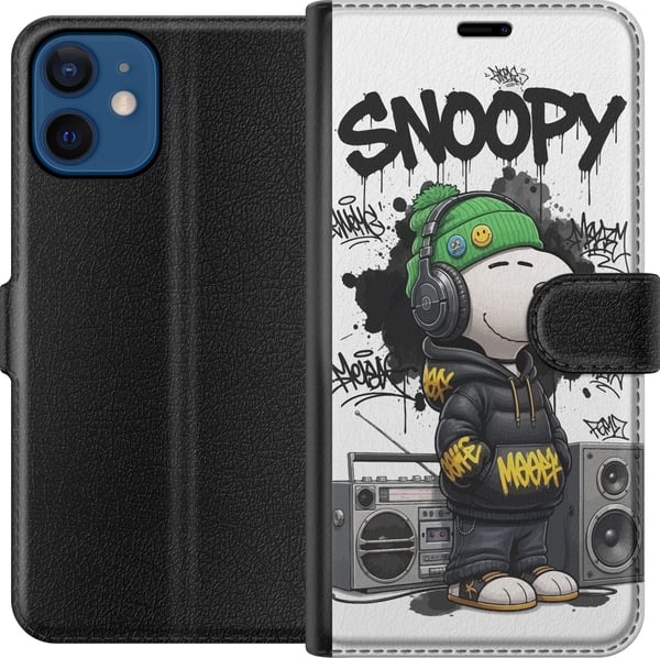 Kompatibelt Plånboksfodral till Apple iPhone 12 Snoopy i streetwear med hörlurar och graffitistil står bredvid boombox och ler stort, ett urbant mode