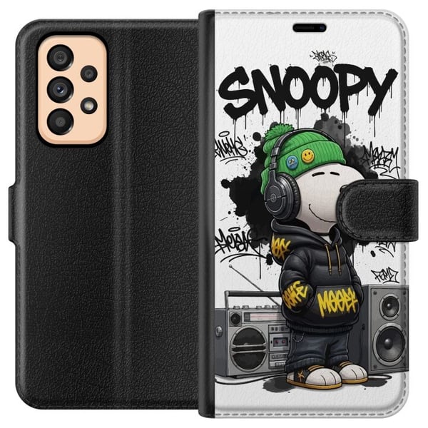 Kompatibel Tegnebogsetui til Samsung Galaxy A53 5G Snoopy i streetwear med høretelefoner og graffiti-stil står ved siden af en boombox og smiler stor