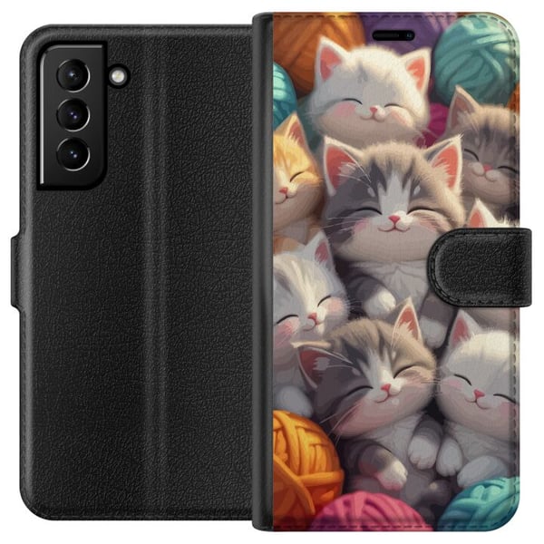 Kompatibelt Lommeboketui til Samsung Galaxy S21+ 5G Sovende kattunger sammenkrøllet blant fargerike garnnøster i en myk illustrasjon Kompatibelt Lommeboketui til Samsung Galaxy S21+ 5G Sovende kattunger sammenkrøllet blant fargerike garnnøster i en myk illustrasjon
