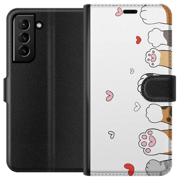 Kompatibelt Lommeboketui til Samsung Galaxy S21+ 5G Søte kattepoter med hjerter på hvit bakgrunn, minimalistisk kawaii-motiv for dyreelskere, mykt de Kompatibelt Lommeboketui til Samsung Galaxy S21+ 5G Søte kattepoter med hjerter på hvit bakgrunn, minimalistisk kawaii-motiv for dyreelskere, mykt de