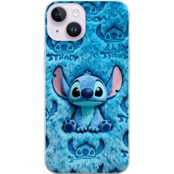 Yhteensopiva Puhelinkuori Apple iPhone 14 Stitch istuu pörröisen sinisen kuvion päällä, jossa hänen kasvonsa ja korvansa toistuvat tekstuurina luoden