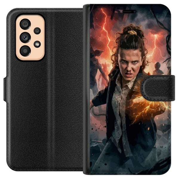 Kompatibelt Plånboksfodral till Samsung Galaxy A53 5G Fantasy porträtt av ung kvinna med blixtenergi mörk bakgrund dramatisk actionillustration