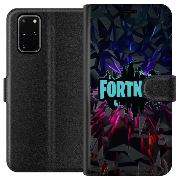 Kompatibelt Plånboksfodral till Samsung Galaxy S20+ Fortnite poster – Logga i blå neon på svart bakgrund gaming design