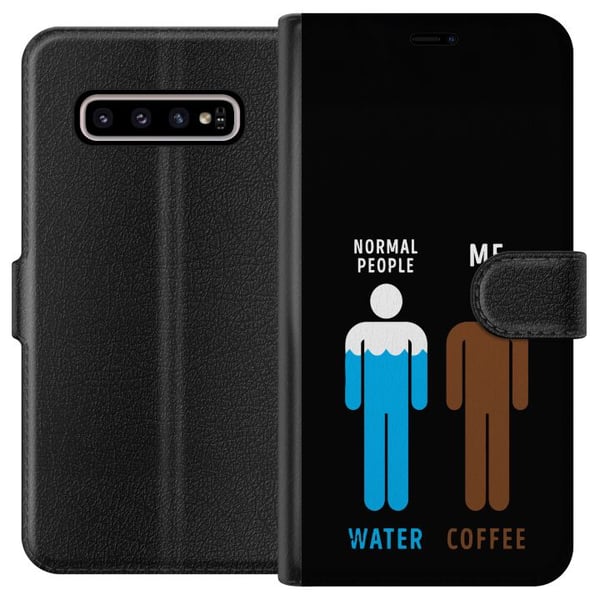 Kompatibelt Plånboksfodral till Samsung Galaxy S10+ Rolig minimalistisk illustration med text normal people water me coffee perfekt för kaffeälskare