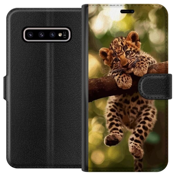 Kompatibelt Plånboksfodral till Samsung Galaxy S10+ Leopardunge på gren med stora ögon naturinspirerat djungelmotiv detaljrikt och charmigt i varm mj