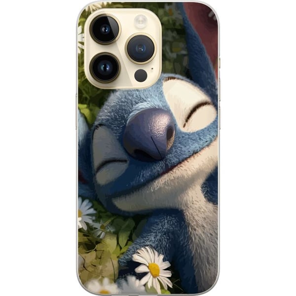 Kompatibelt Mobilskal till Apple iPhone 14 Pro Stitch som somnar i äng av prästkragar där mjukt ljus och naturens lugn skapar varm avkopplande känsla
