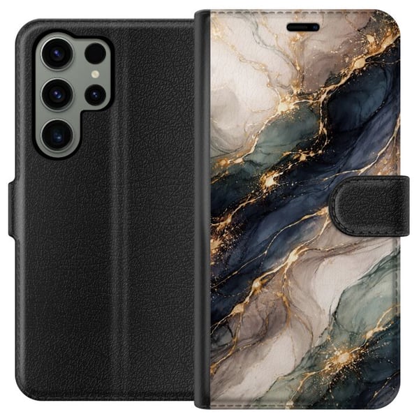 Kompatibel Tegnebogsetui til Samsung Galaxy S23 Ultra Eksklusiv abstrakt marmorkunst i sort, hvid og guld med elegante linjer, eksklusivt design til