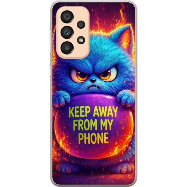 Yhteensopiva Puhelinkuori Samsung Galaxy A33 5G Vihainen, pörröinen sininen kissa, jossa lukee Keep Away From My Phone, neonväreissä ja liekkimäisin