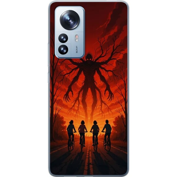 Yhteensopiva Puhelinkuori Xiaomi 12 Pro Tumma Stranger Things -henkinen kauhuillustratsioon, jossa on punainen taivas, uhkaava hirviö ja pyöräileviä