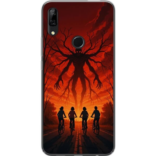 Kompatibel Mobilcover til Huawei P Smart Z Mørk Stranger Things-inspireret horrorillustration med rød himmel, truende monster og cyklende børn i dram
