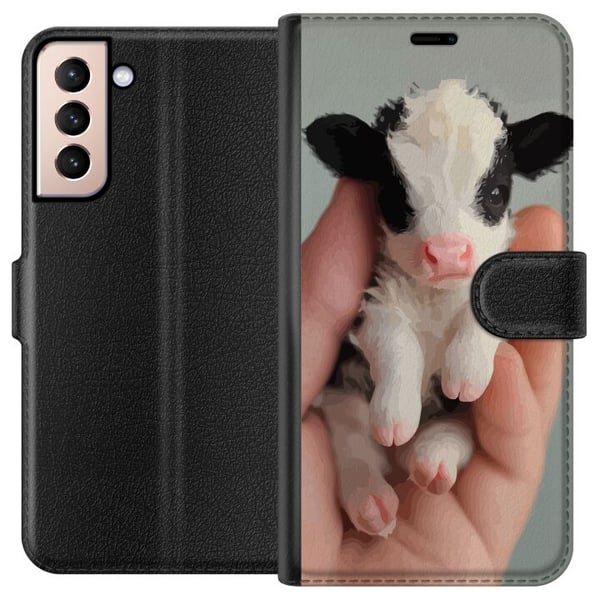 Kompatibelt Lommeboketui til Samsung Galaxy S21 Nyfødt liten kalv i hånden med rosa mule, myk pels og søtt uttrykk, sjarmerende naturmotiv, perfekt f